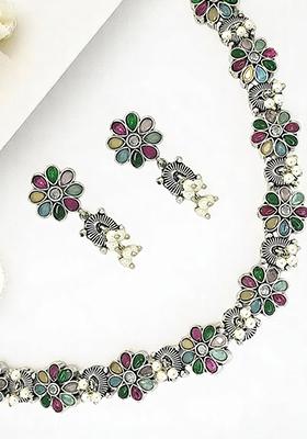 Silver Oxidised Multicolour Floral Necklace Set
