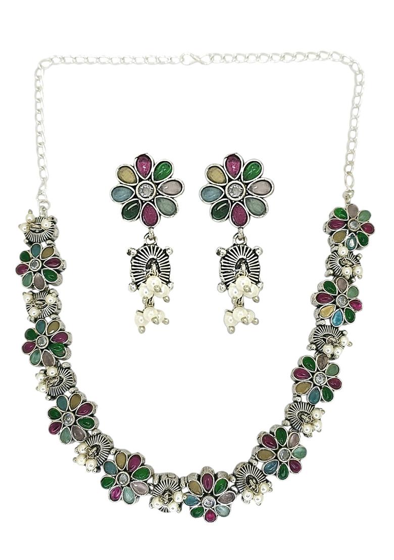 Silver Oxidised Multicolour Floral Necklace Set