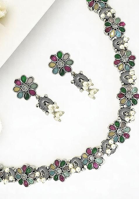 Silver Oxidised Multicolour Floral Necklace Set