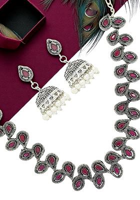 Silver Oxidised Maroon Stone Necklace Set