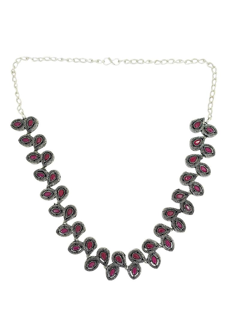 Silver Oxidised Maroon Stone Necklace Set