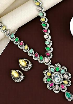 Silver Oxidised Multicolor Stone Necklace Set