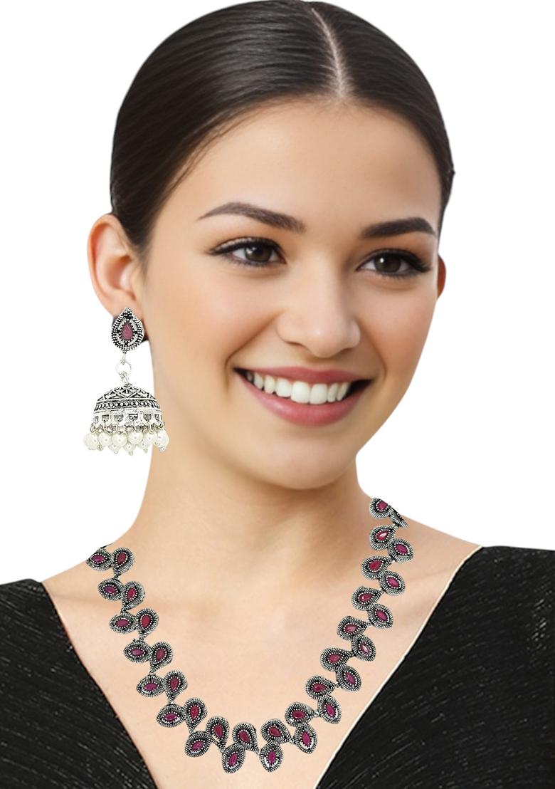 Silver Oxidised Multicolor Stone Necklace Set