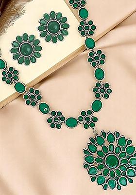 Silver Oxidised Green Stone Long Necklace Set
