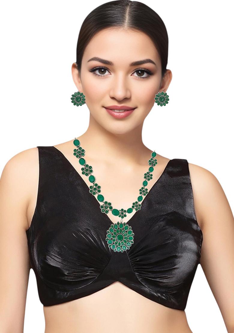 Silver Oxidised Green Stone Long Necklace Set