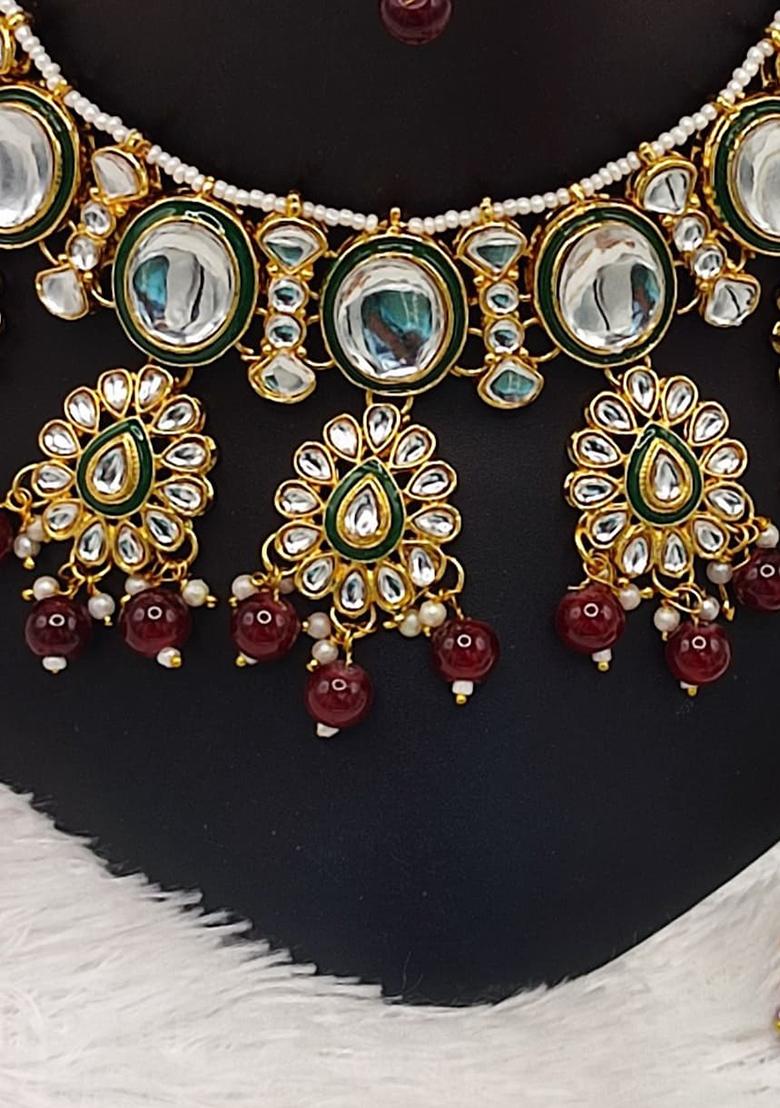 Alloy Gold Plated Maroon Kundan Choker Jewelery Set