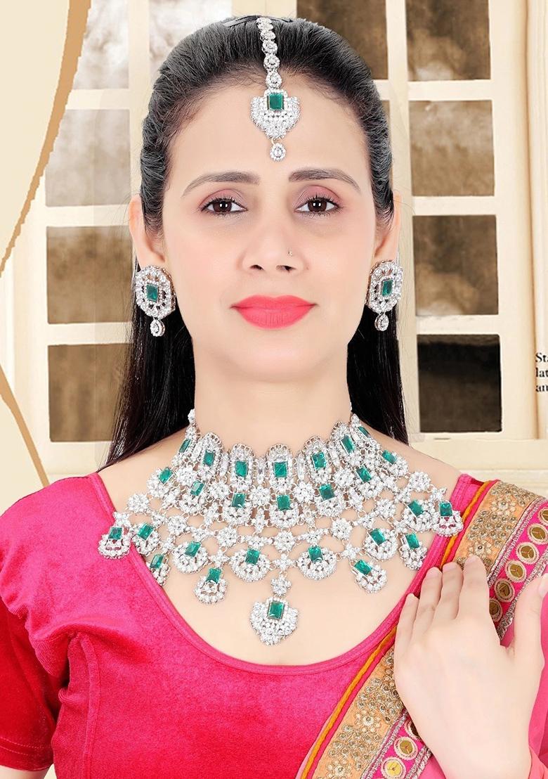 Green/Silver Alloy Choker Necklace Set