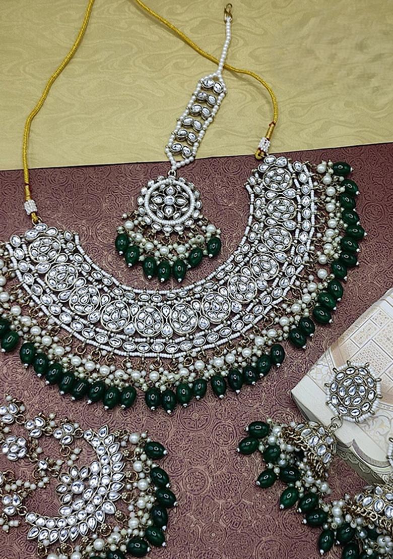 Green/Silver Alloy Choker Necklace Set