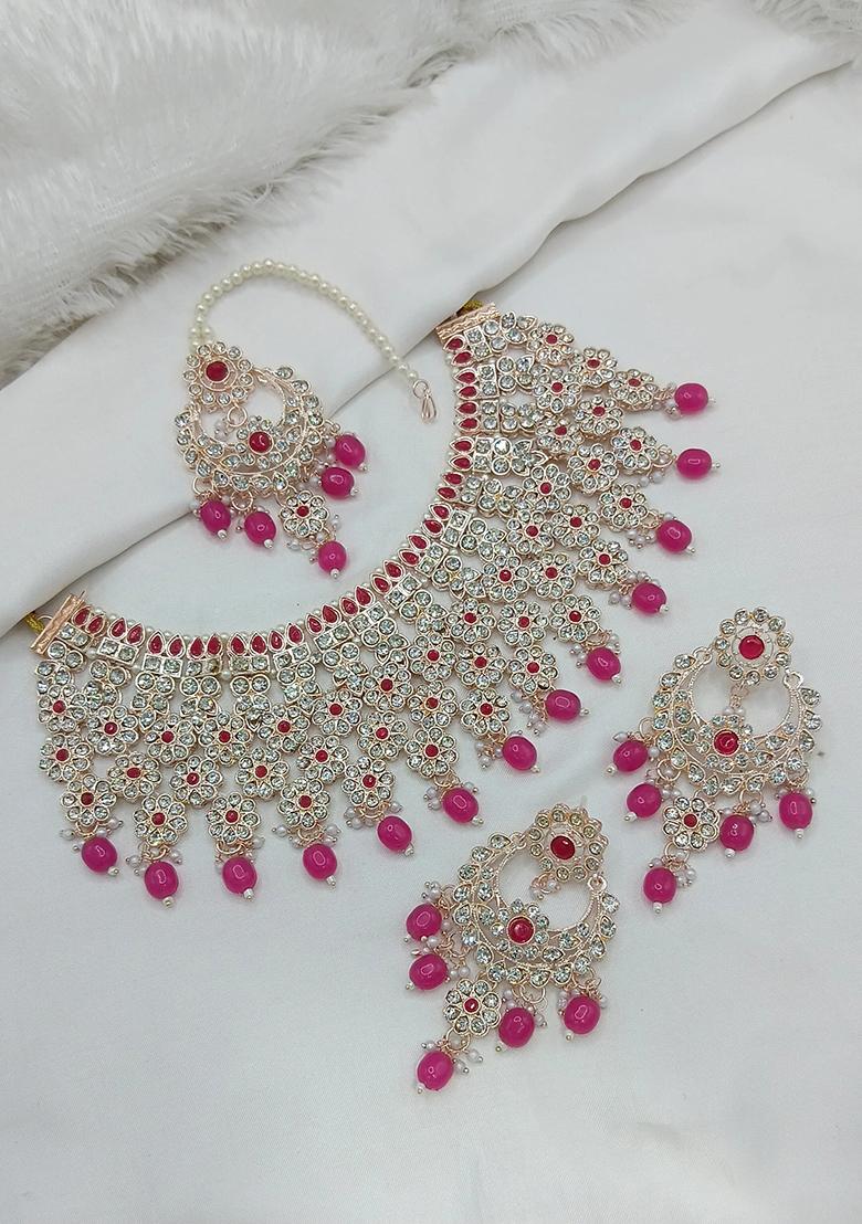 Pink Alloy Choker Necklace Set