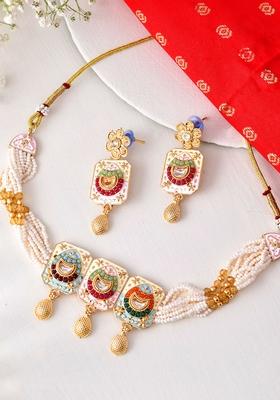 Traditional Gold Plated Kundan And Pearl Multi Color Necklace And Earrings Set For Women