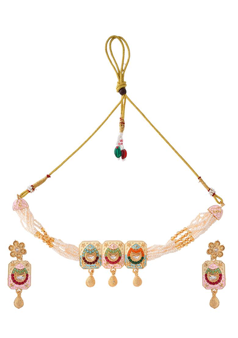 Traditional Gold Plated Kundan And Pearl Multi Color Necklace And Earrings Set For Women