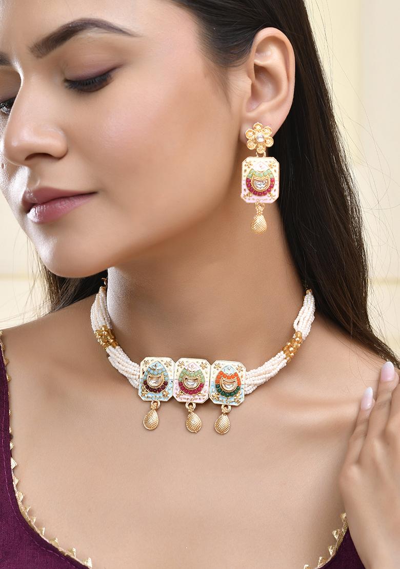 Traditional Gold Plated Kundan And Pearl Multi Color Necklace And Earrings Set For Women