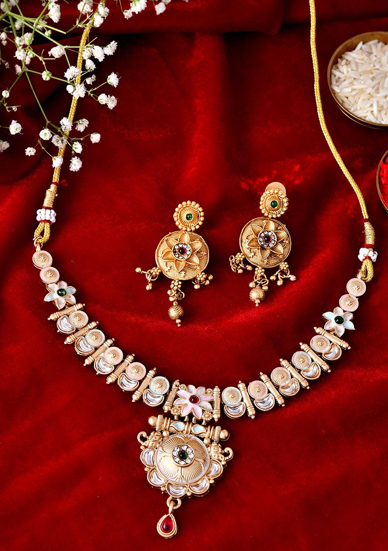 Antique Gold Pearl And Kundan Necklace And Earrings Set