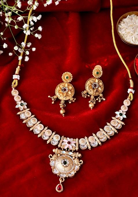 Antique Gold Pearl And Kundan Necklace And Earrings Set