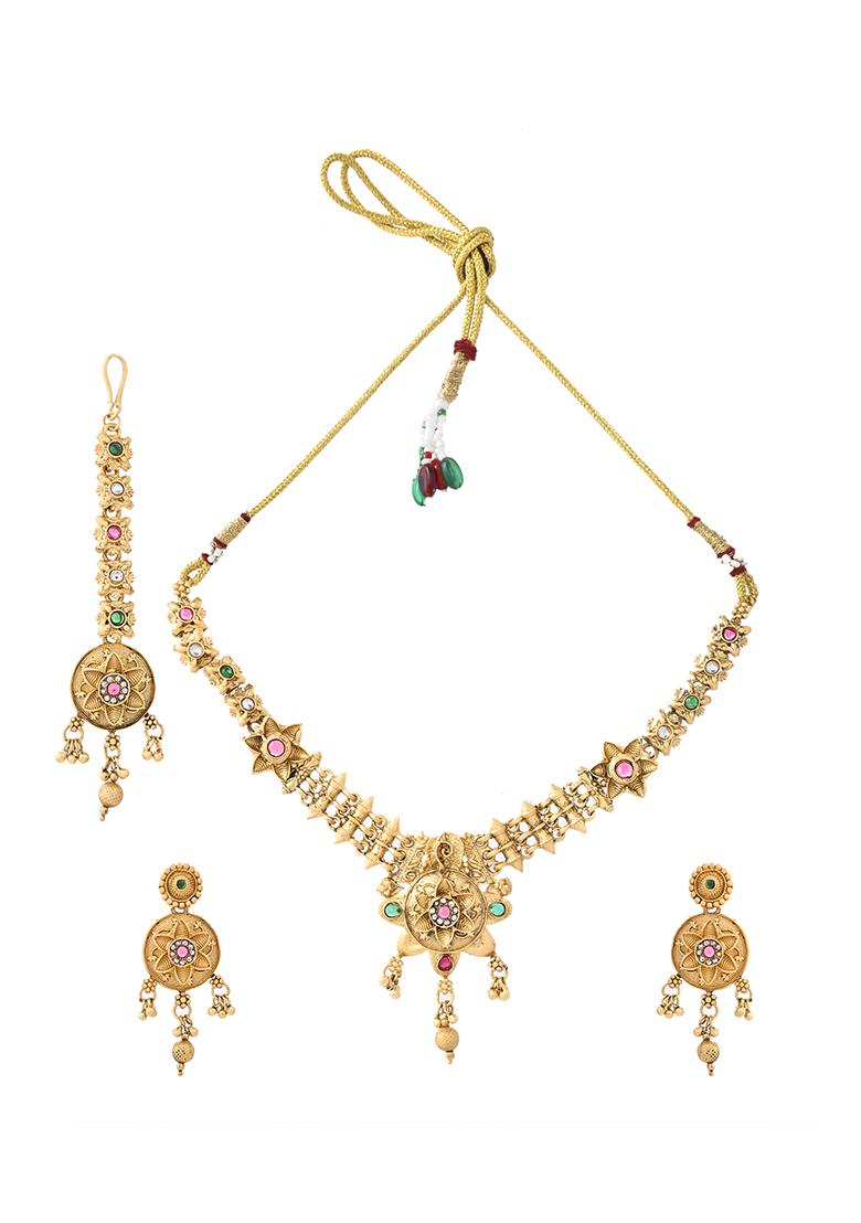 Antique Gold Plated Temple Necklace And Earrings Set