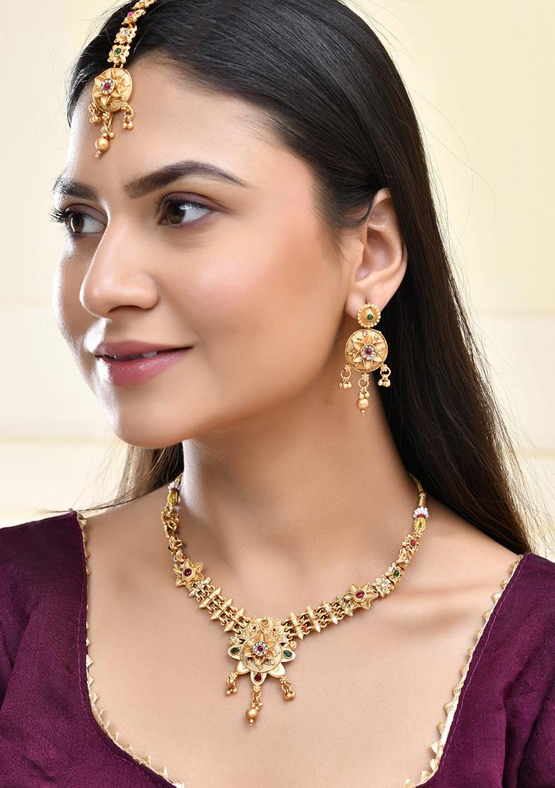 Antique Gold Plated Temple Necklace And Earrings Set