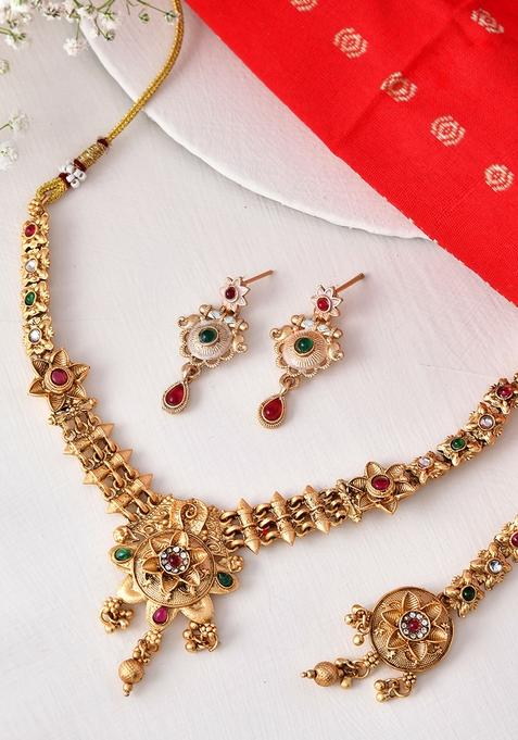 Antique Gold Plated Temple Necklace And Earrings Set
