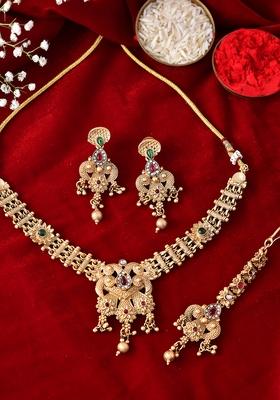 Antique Gold Plated Temple Bridal Necklace Set With Beads