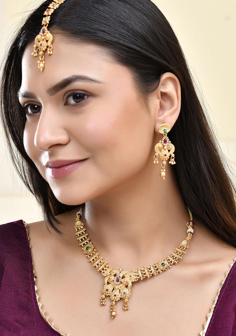 Antique Gold Plated Temple Bridal Necklace Set With Beads
