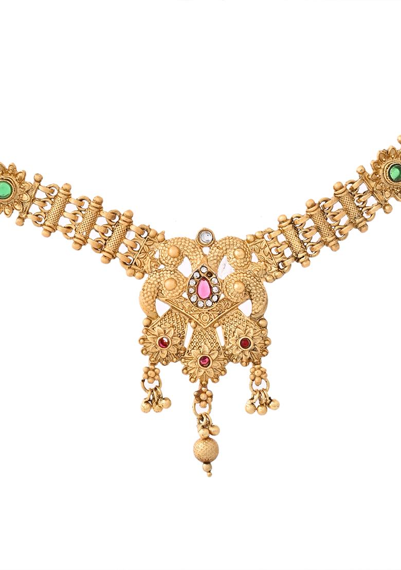 Antique Gold Plated Temple Bridal Necklace Set With Beads