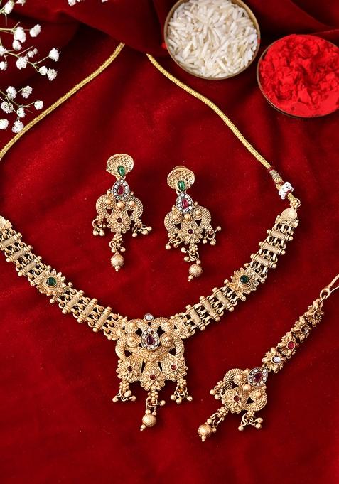 Antique Gold Plated Temple Bridal Necklace Set With Beads