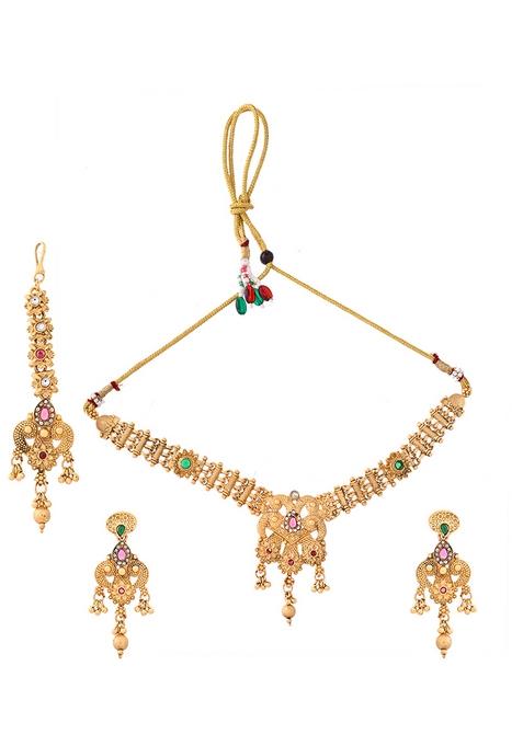 Antique Gold Plated Temple Bridal Necklace Set With Beads