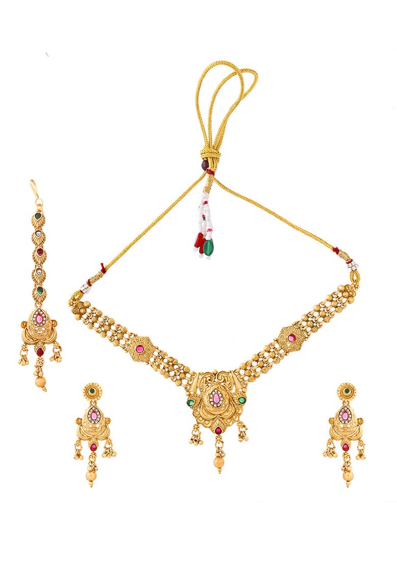 Antique Gold Plated Temple Choker Necklace Set With Gemstones
