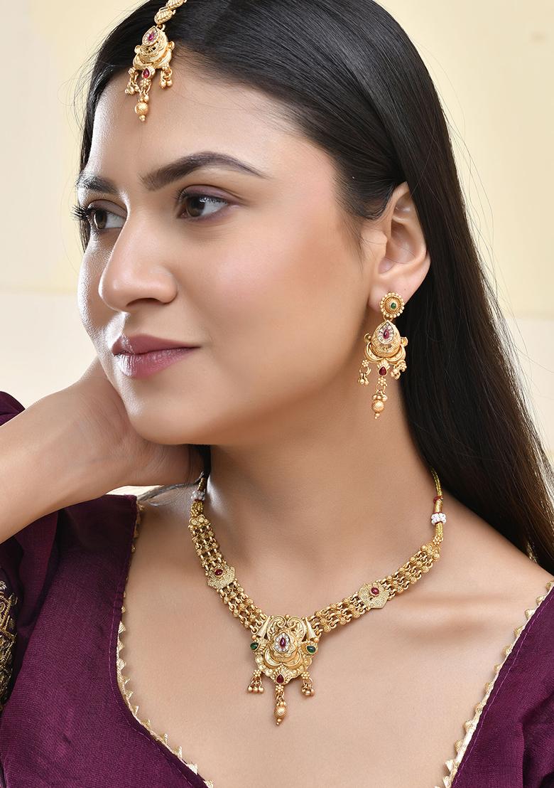 Antique Gold Plated Temple Choker Necklace Set With Gemstones