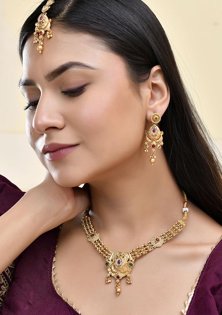 Antique Gold Plated Temple Choker Necklace Set With Gemstones