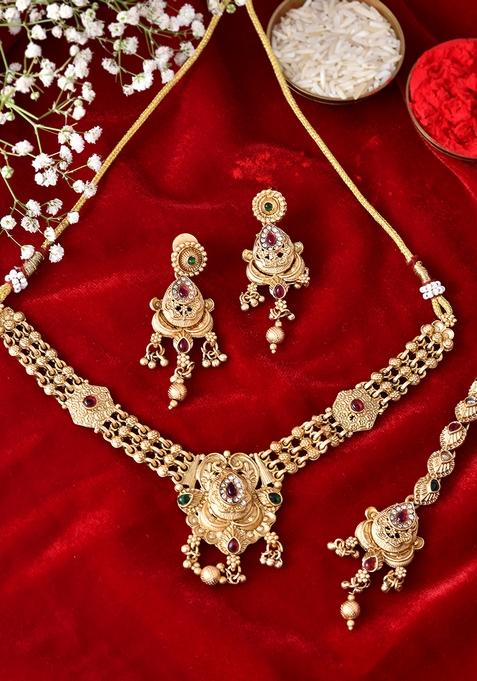 Antique Gold Plated Temple Choker Necklace Set With Gemstones
