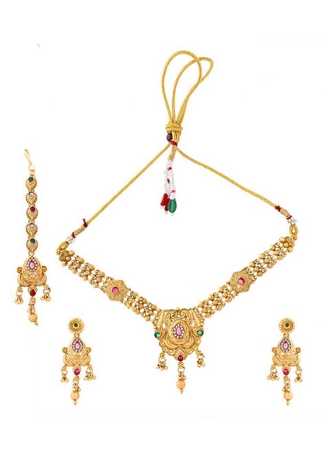 Antique Gold Plated Temple Choker Necklace Set With Gemstones