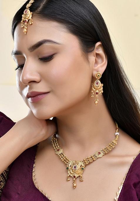 Antique Gold Plated Temple Choker Necklace Set With Gemstones