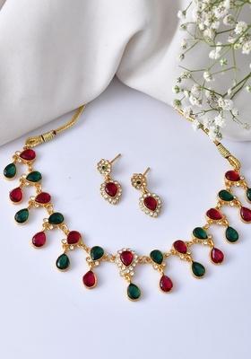 Gold Plated Red And Green Teardrop Necklace Set