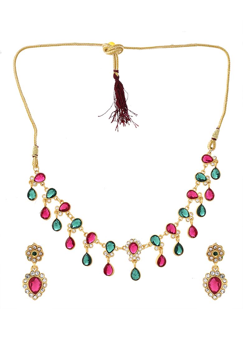 Gold Plated Red And Green Teardrop Necklace Set