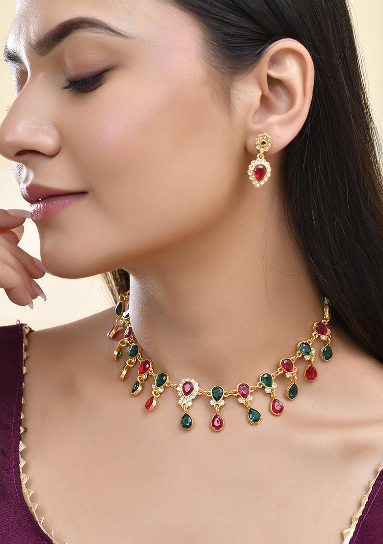 Gold Plated Red And Green Teardrop Necklace Set