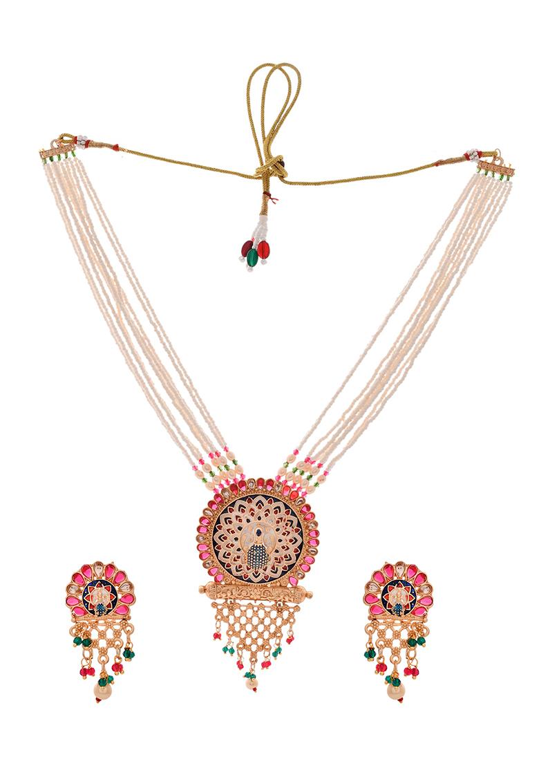 Multilayer Pearl And Kundan Peacock Necklace Set