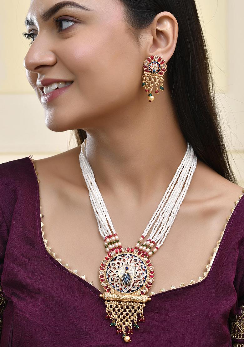 Multilayer Pearl And Kundan Peacock Necklace Set