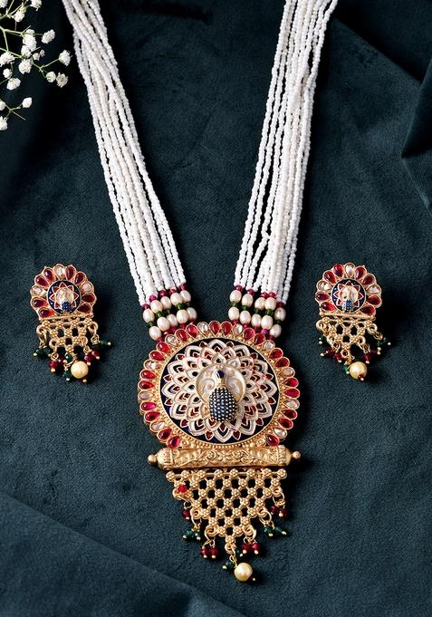 Multilayer Pearl And Kundan Peacock Necklace Set