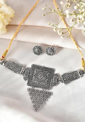 Oxidized Silver Plated Tribal Statement Choker Necklace