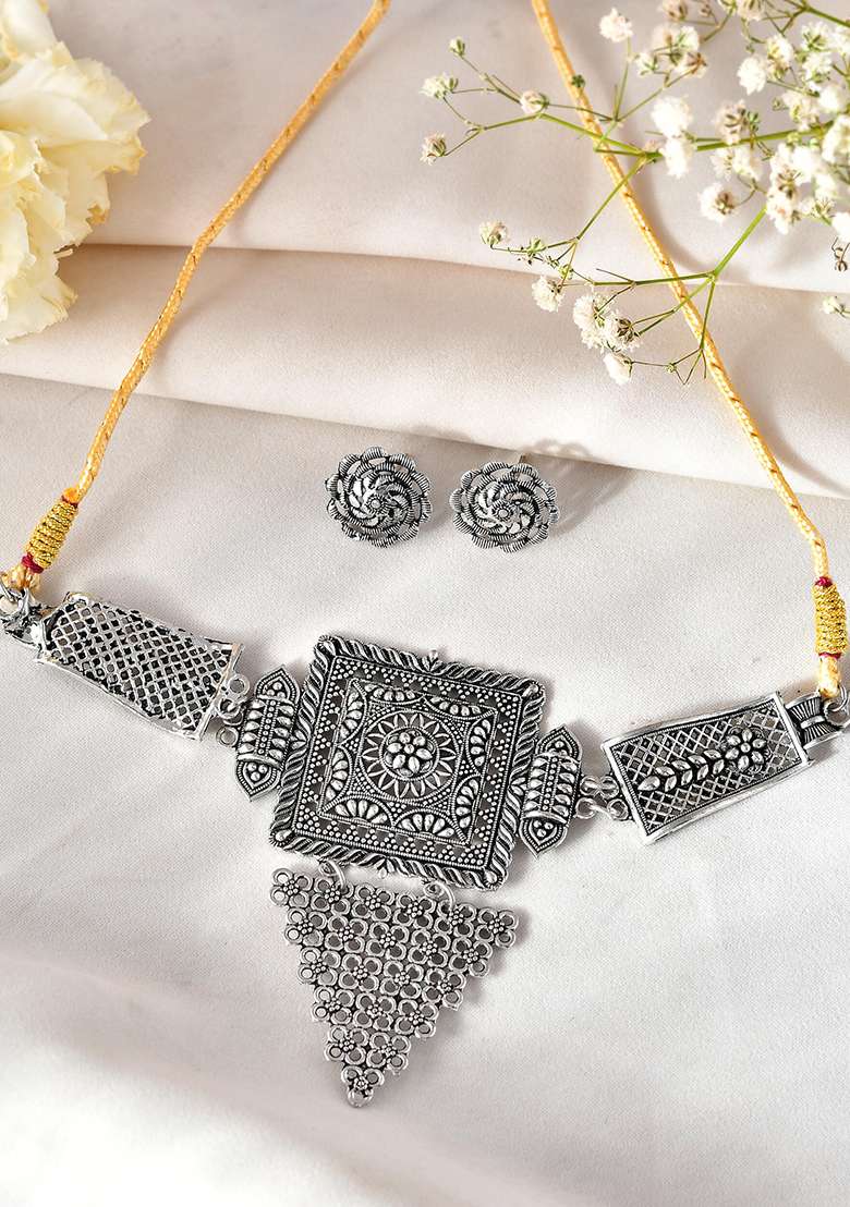 Oxidized Silver Plated Tribal Statement Choker Necklace - Indya