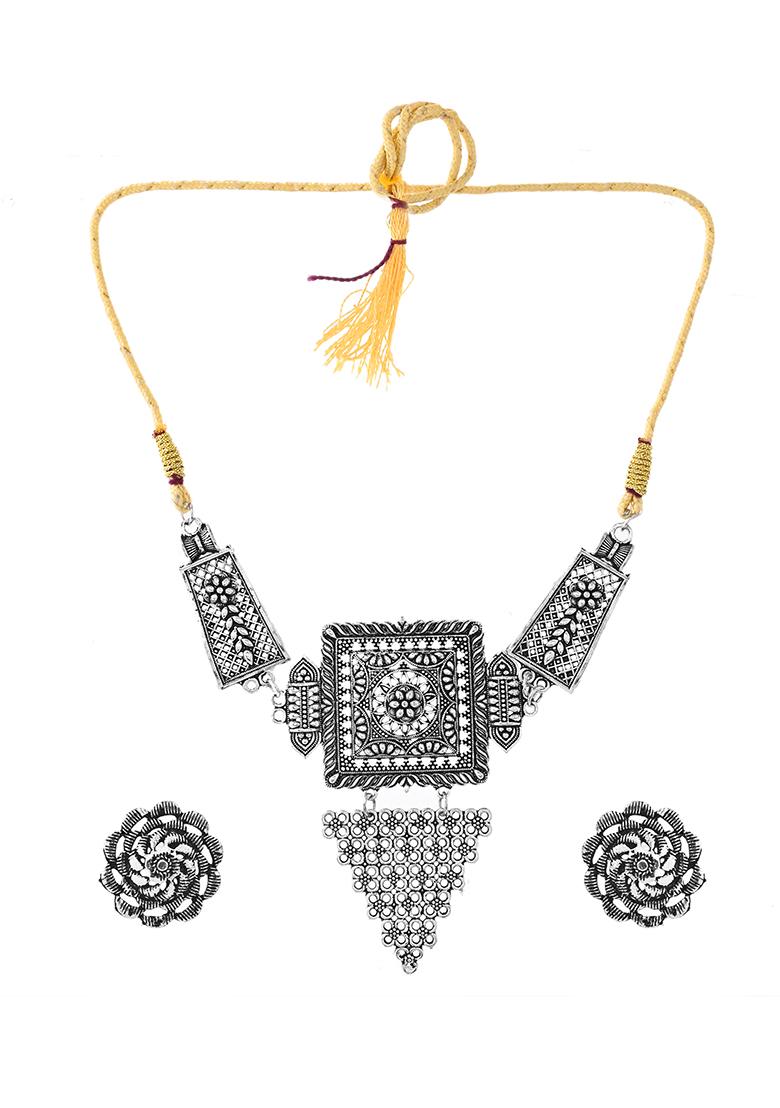 Oxidized Silver Plated Tribal Statement Choker Necklace