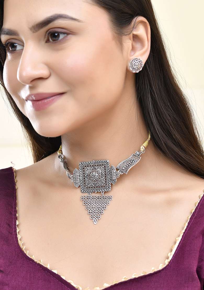 Oxidized Silver Plated Tribal Statement Choker Necklace - Indya