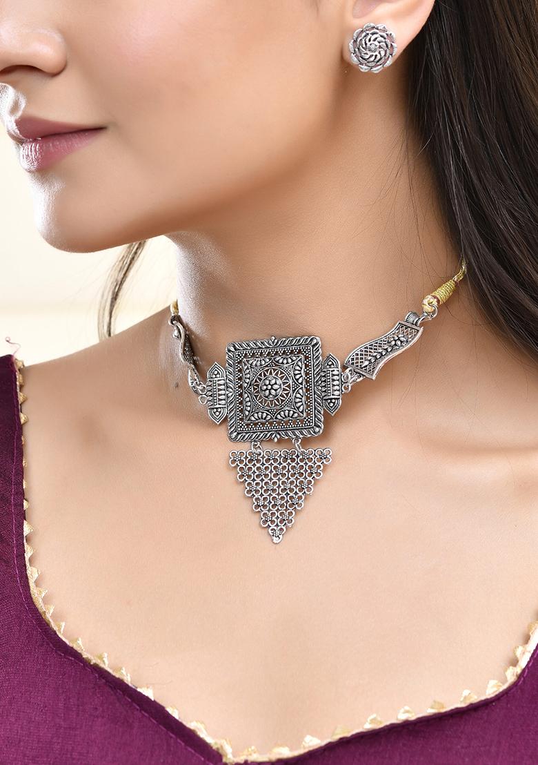 Oxidized Silver Plated Tribal Statement Choker Necklace