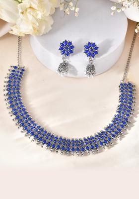Royal Blue Silver Plated Necklace And Earring Set For Women