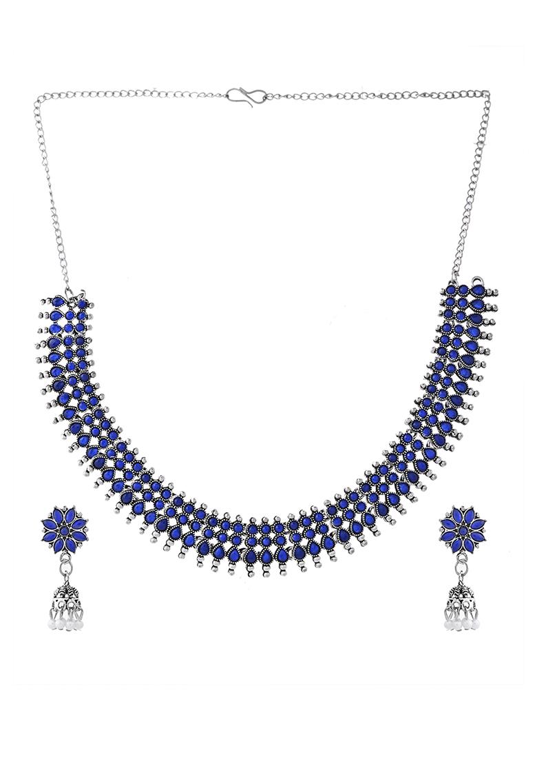 Royal Blue Silver Plated Necklace And Earring Set For Women