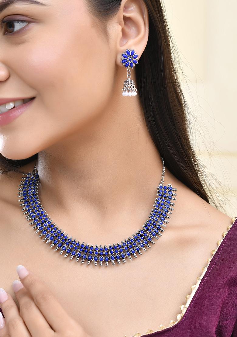 Royal Blue Silver Plated Necklace And Earring Set For Women