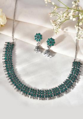Emerald Green Silver Plated Necklace And Earring Set For Women