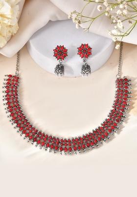 Ruby Red Silver Plated Necklace And Earring Set For Women
