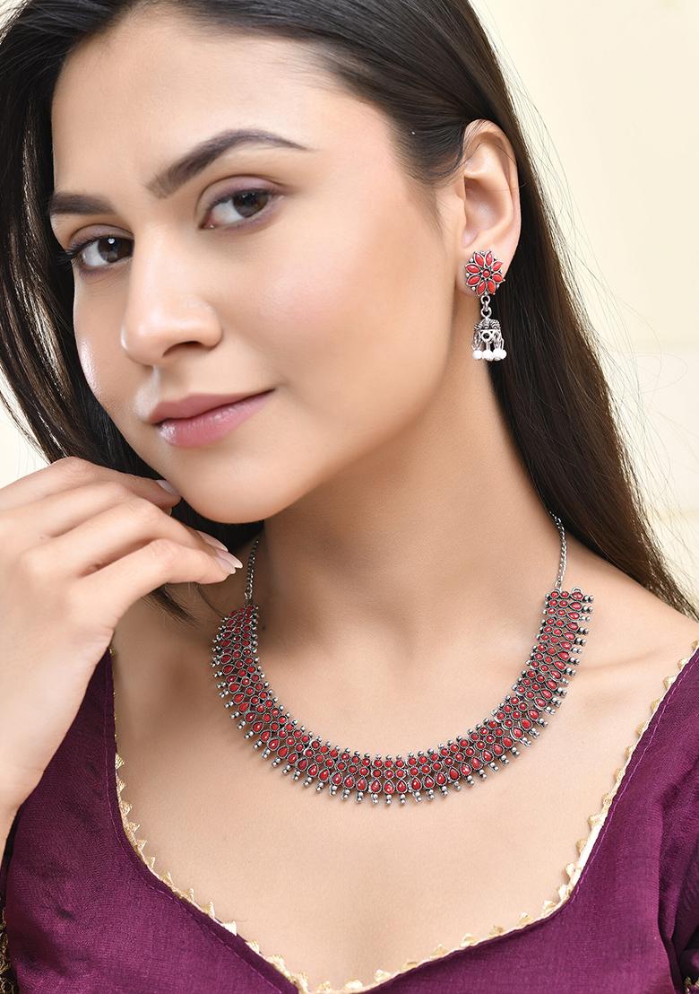 Ruby Red Silver Plated Necklace And Earring Set For Women