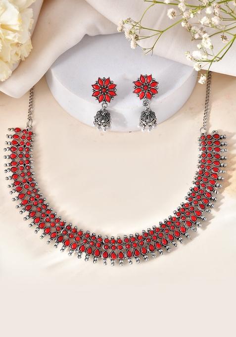 Ruby Red Silver Plated Necklace And Earring Set For Women